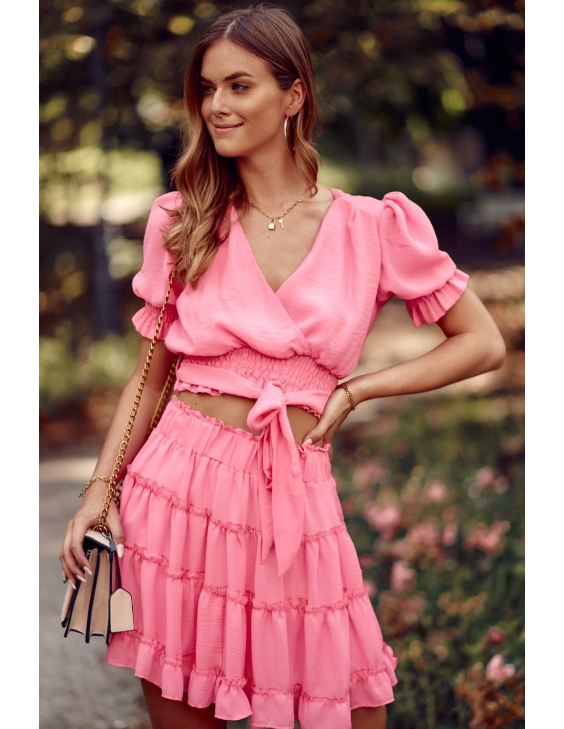 Short blouse with a belt, pink 20580 - Online store - Boutique